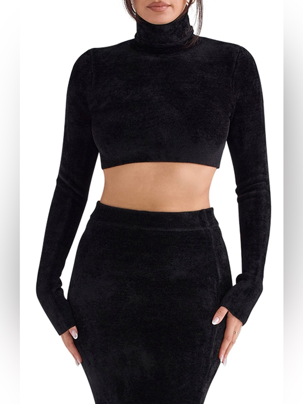 House of CB Suri Crop Chenille Turtleneck Sweater XS BLACK